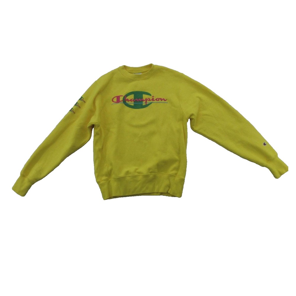 Champion Sweatshirt Mens Small Yellow Reverse Weave Crewneck Graphic Pullover